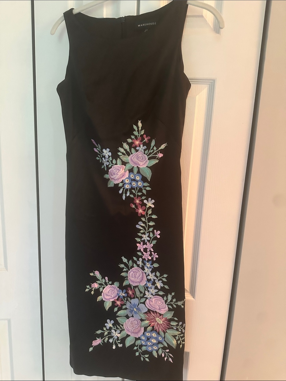Warehouse Black Dress with Pastel Floral Embroidery